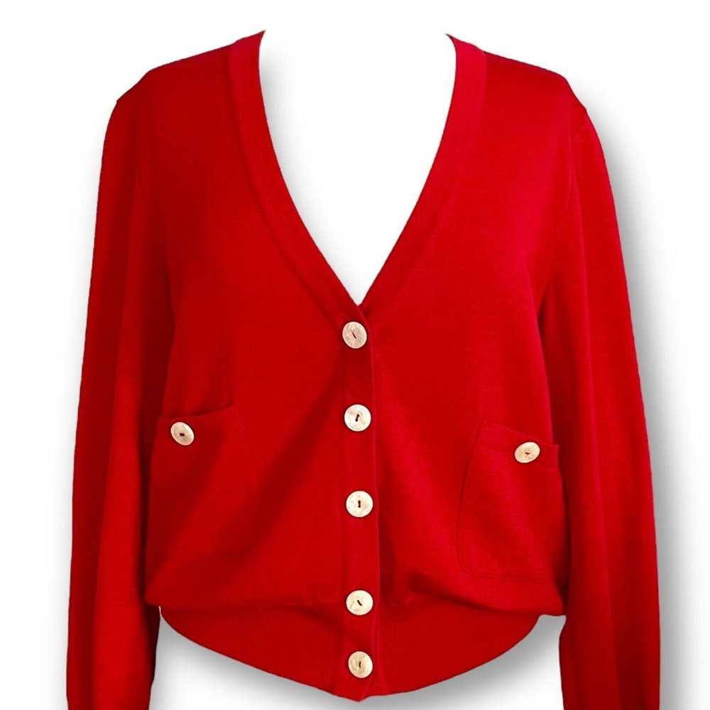 Valentino Womens Red Cardigan Sz M Vintage 80s Luxury Wool Knit Blouson Sweater - Picture 3 of 9